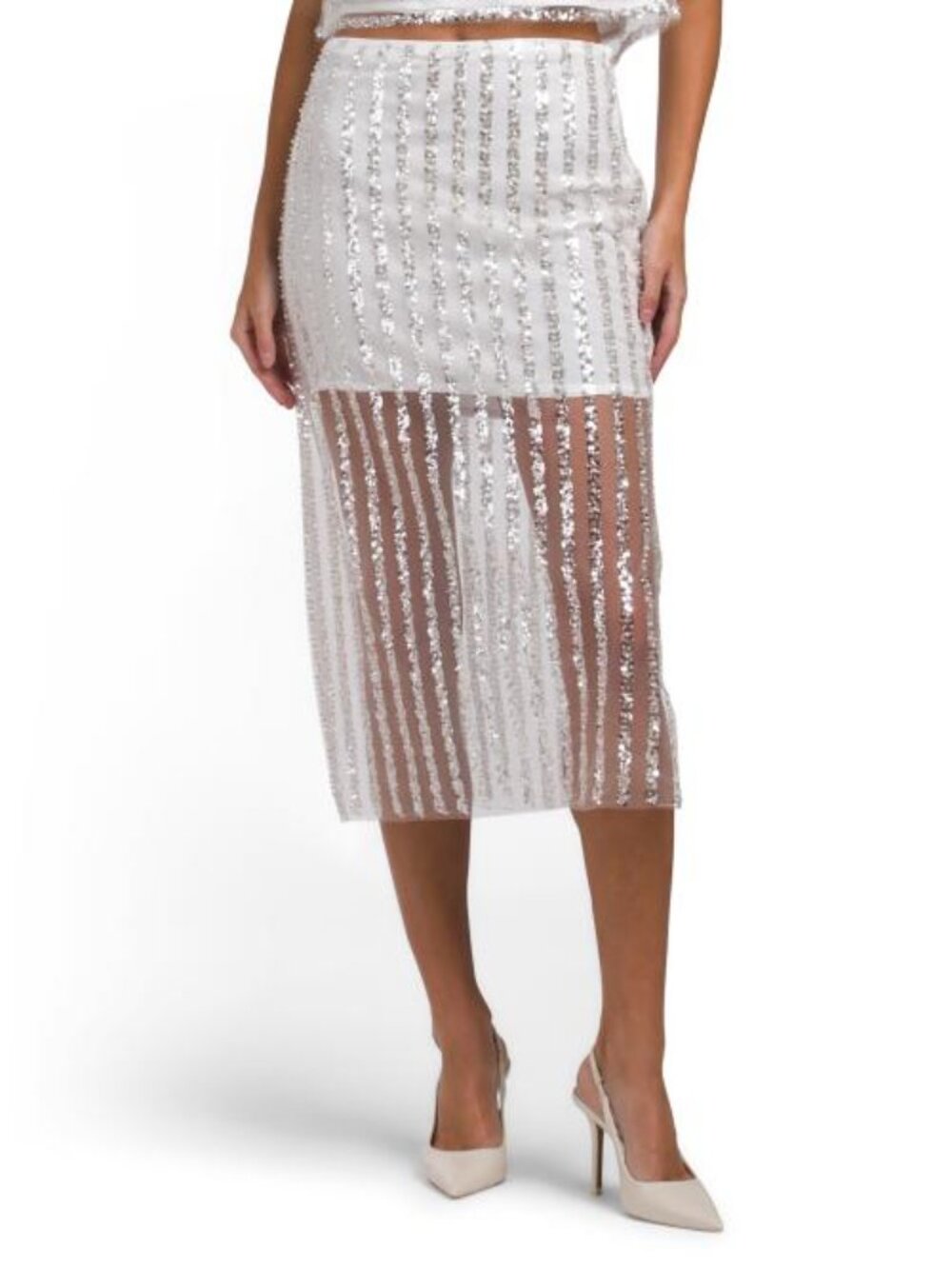 ENDLESS ROSE Beaded Striped Mesh Midi Skirt